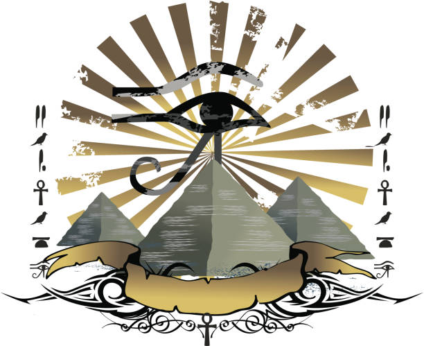 pyramids and horus eye emblem vector art illustration