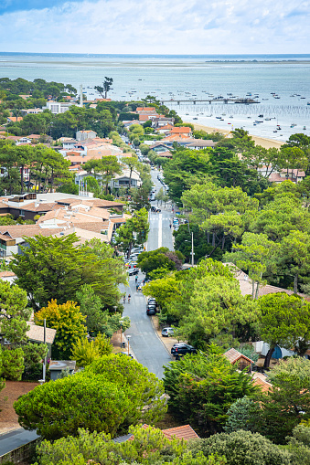 Cap Ferret, France - August 27, 2023 : Aerial view of the Boulevard de la Plage street in Cap Ferret, France