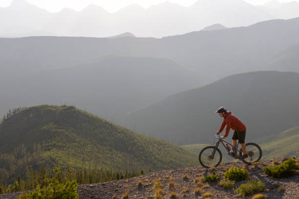 istock Male mountain biker traverses mountain ridge 1650683778