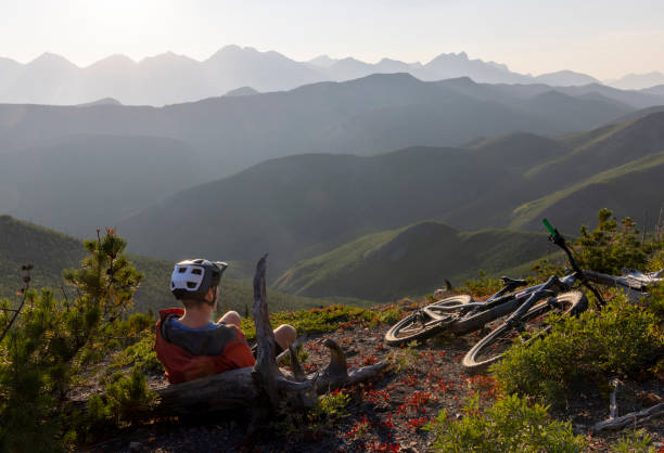 istock Male mountain biker relaxes on mountain ridge 1650683780