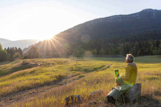 istock Senior man uses laptop computer while resting in meadow 1650684198
