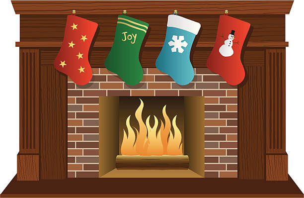 bildbanksillustrationer, clip art samt tecknat material och ikoner med vector christmas fireplace wood - spiselhylla