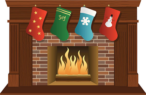 Vector Christmas Fireplace Wood A vector illustration of a fireplace with wooden mantle.  Coplete with removable Christmas stockings. mickey mantle stock illustrations