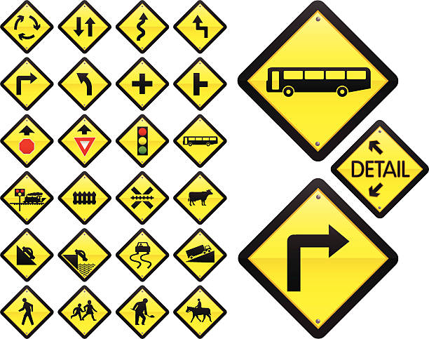 ilustraciones, imágenes clip art, dibujos animados e iconos de stock de vía de señalización: advertencia serie (ee.uu./australia - skidding bend danger curve