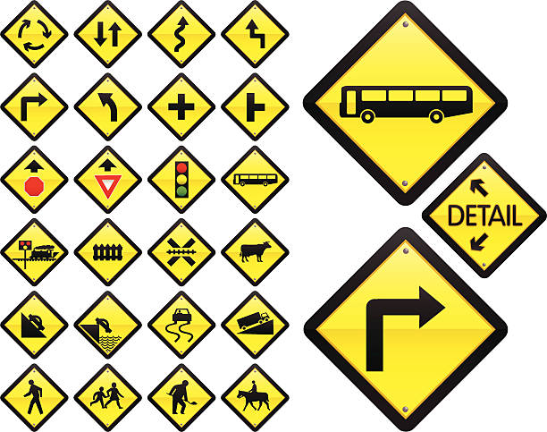 illustrazioni stock, clip art, cartoni animati e icone di tendenza di indicazioni: avviso serie (us/australia - skidding bend danger curve