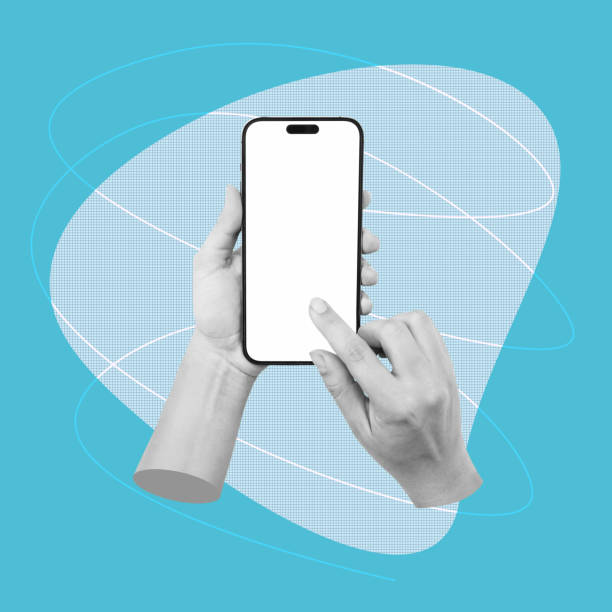 istock Mobile phone with white blank screen in woman hands on a blue abstract color background. Mockup 1650687157