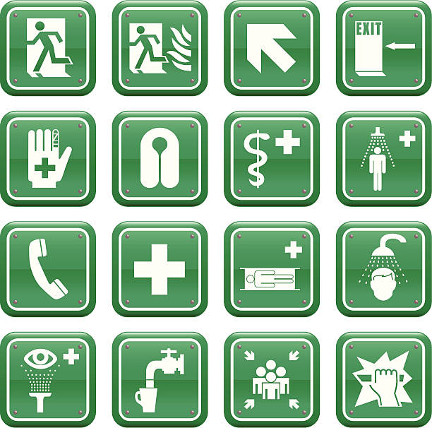 illustrazioni stock, clip art, cartoni animati e icone di tendenza di & medica di emergenza segni di sicurezza - segnale di uscita demergenza