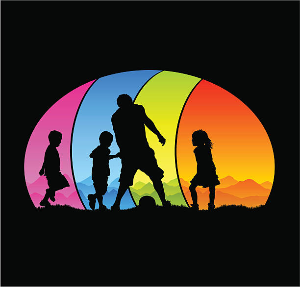 ilustraciones, imágenes clip art, dibujos animados e iconos de stock de padre y niños jugando - soccer child silhouette sport