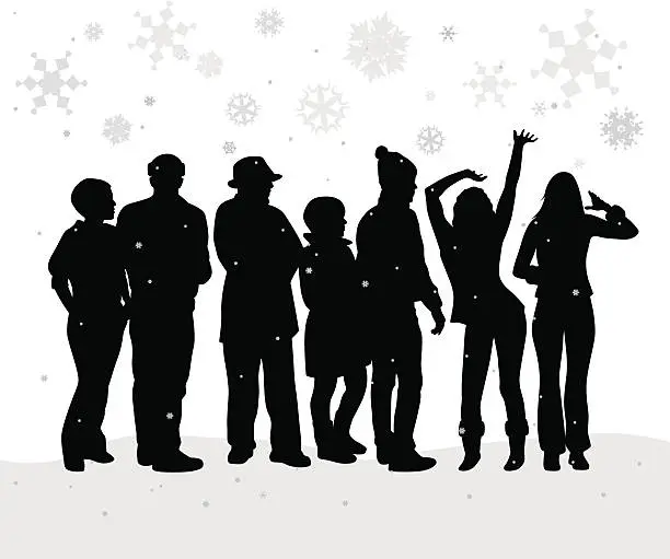 Vector illustration of First Snow Crowd Vector Silhouette