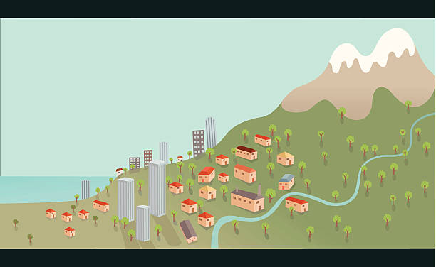 ilustrações de stock, clip art, desenhos animados e ícones de cidade costeira na colina da montanha com o rio - miniature city isolated