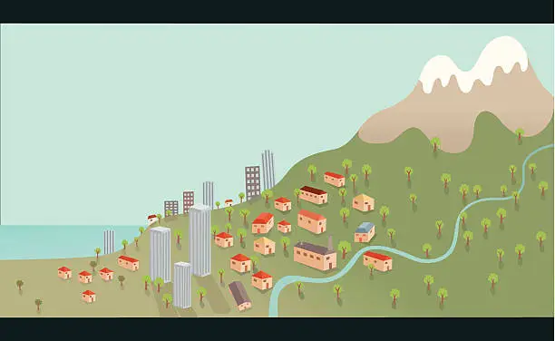 Vector illustration of Seaside Town on Mountain Hill with River