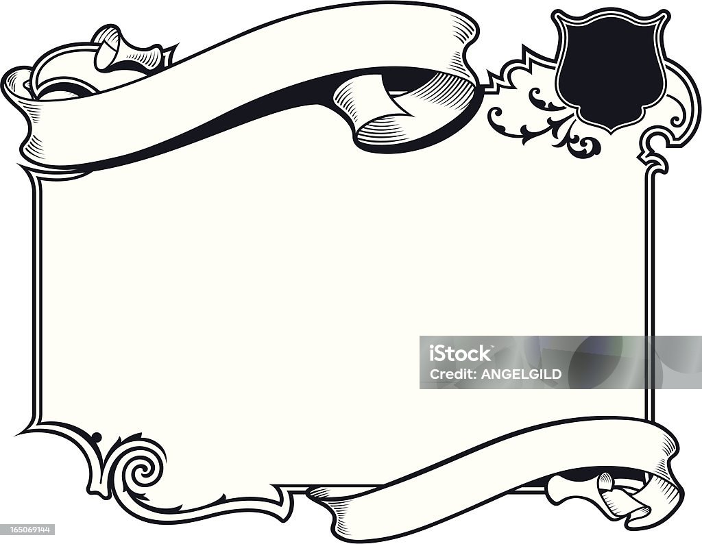 Ornate panel design, black outlines with scrolls An ornate Lettering Panel and Ribbon design ready for your own text to be applied.Saved in formats , AI ver 12, EPS ver 8, Corel Draw ver 8, PDF, and High Res Jpeg  Medieval stock vector