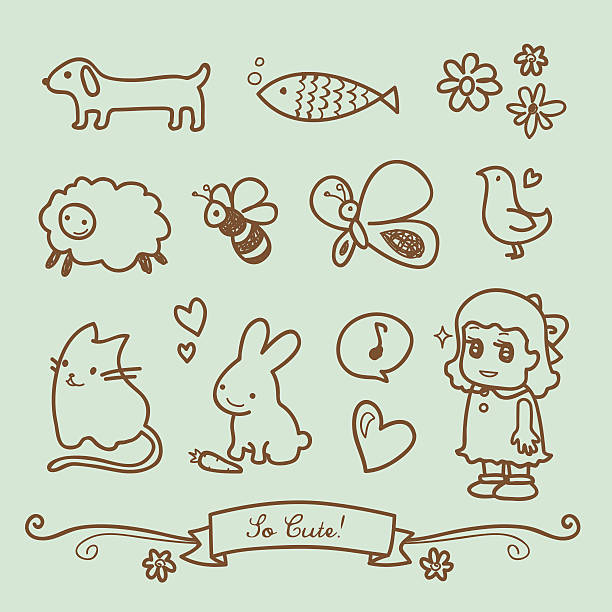 Cute Little Girl Doodle Drawings: Puppy, fish, flowers, sheep, bee, butterfly, bird, kitty, bunny, heart, and a little girl.