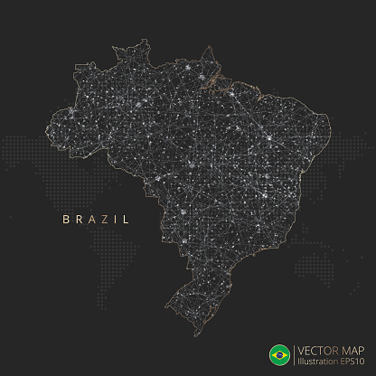 Brazil map abstract geometric mesh polygonal light concept with glowing contour lines countries and dots on dark background. Vector illustration EPS10