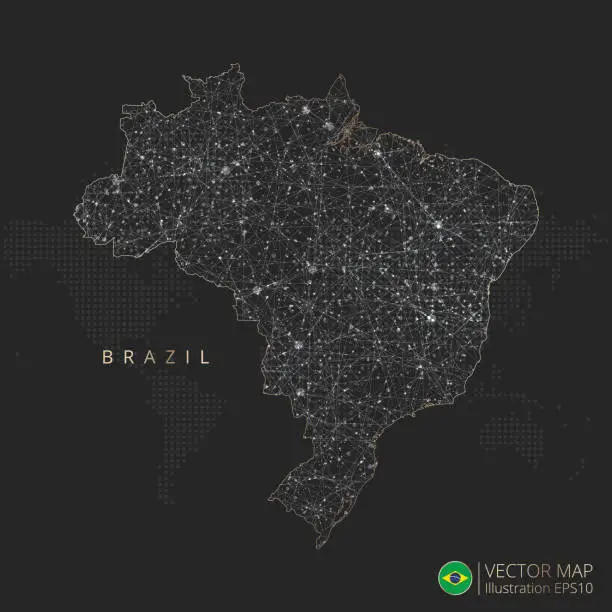 Vector illustration of Brazil map abstract geometric mesh polygonal light concept with glowing contour lines countries and dots