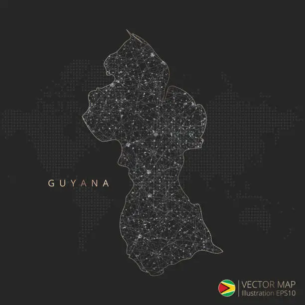 Vector illustration of Guyana map abstract geometric mesh polygonal light concept with glowing contour lines countries and dots