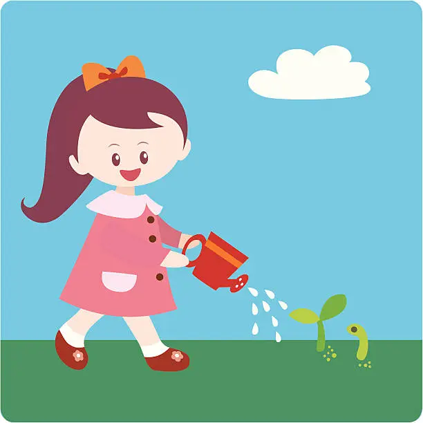 Vector illustration of girl love environment and watering a plant