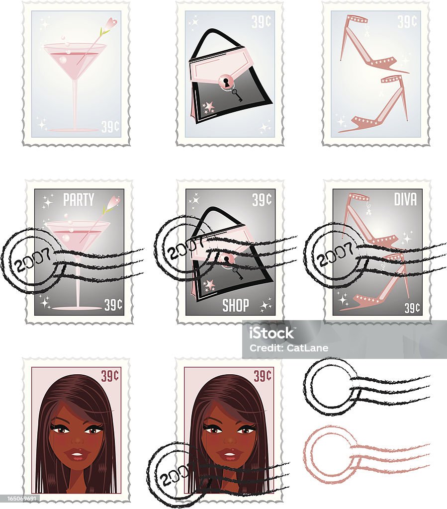 Girly Stamp Supplies "Collection of girly stamps featuring martinis, purses, shoes and of course a fashionable diva." Adult stock vector