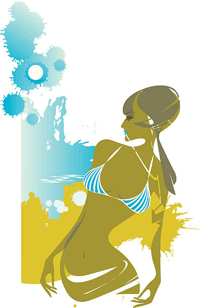 пляж сцена с молодой женщины. - side view walking swimwear fashion model stock illustrations