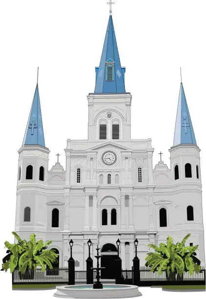 Vector illustration of Fountain in front of St Louis Cathedral, New Orleans