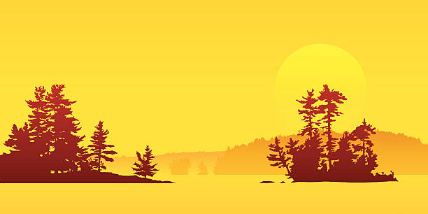 Sunset Island Sun sets behind an island. northern ontario stock illustrations