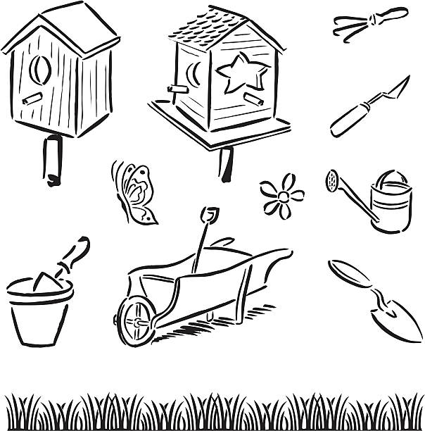 ilustrações, clipart, desenhos animados e ícones de ferramentas de jardinagem & casas de pássaros - bird feeder illustrations