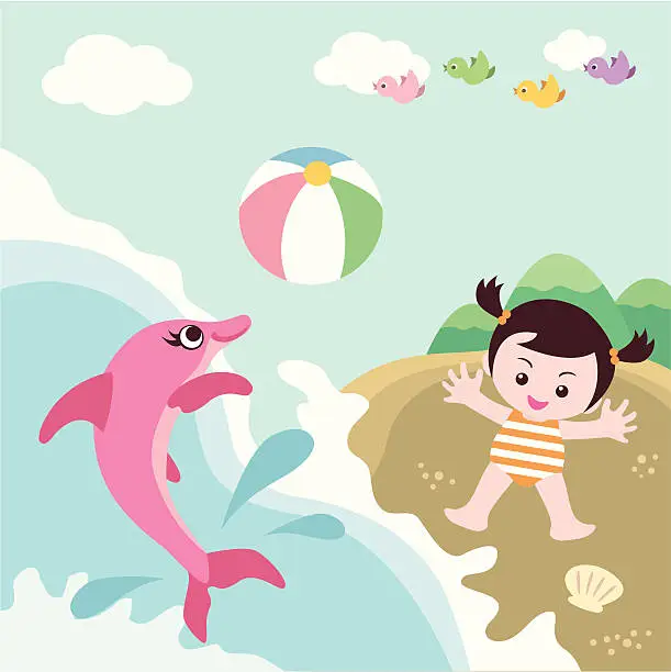 Vector illustration of Beach cute girl with dolphin