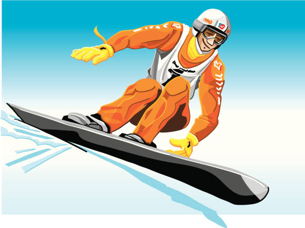 rennen-snowboarder-orange - snowboard extreme sports speed motion stock-grafiken, -clipart, -cartoons und -symbole