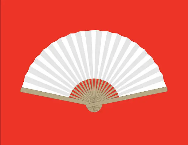 Vector illustration of White wooden Chinese folding fan on red background