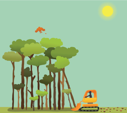 Bird disrupted by forest being bulldozed. Comes with high resolution JPEG, AI CS2 and AI8 EPS files.