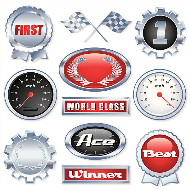 ilustraciones, imágenes clip art, dibujos animados e iconos de stock de ganadores de cromo - chrome metal push button speedometer