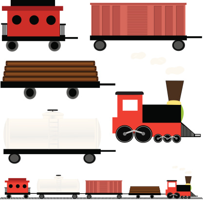 This file contains individually grouped train cars (consisting of an engine, a tanker car, a log carrier, a freight car, and a caboose), as well as one large group which contains a section of track as well as the connected train cars.  Extra large JPG, thumbnail JPG, and Illustrator 8 compatible EPS are included in zip.