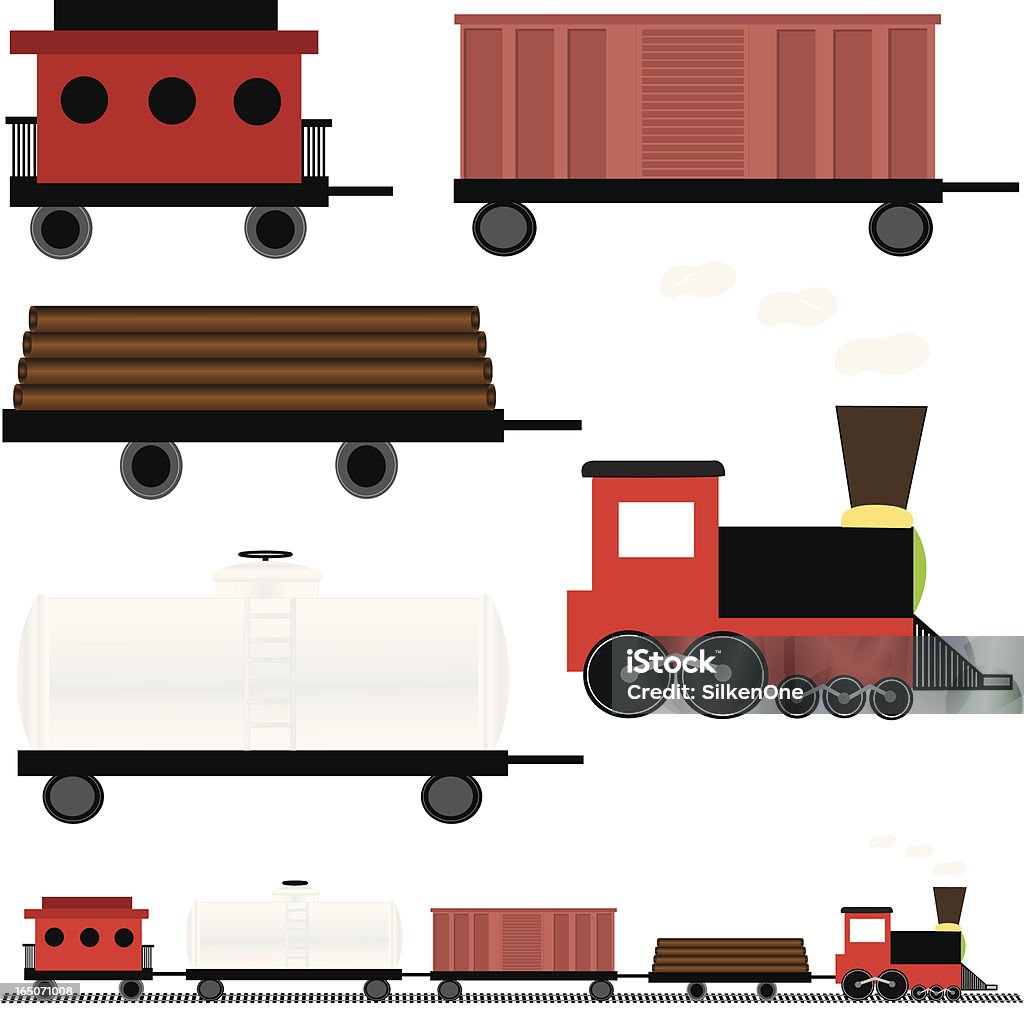 Toy Trains This file contains individually grouped train cars (consisting of an engine, a tanker car, a log carrier, a freight car, and a caboose), as well as one large group which contains a section of track as well as the connected train cars.  Extra large JPG, thumbnail JPG, and Illustrator 8 compatible EPS are included in zip. Miniature Train stock vector