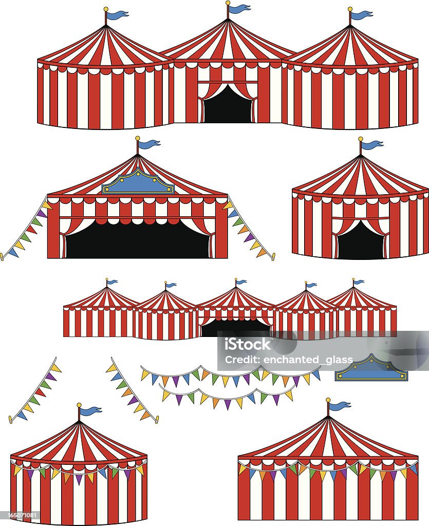 Big Top Circus/Carnival Tents Vector illustrations of BigTop/Carnival Circus tents.Tents are interchangable so you can put together as many as you want to make a border,1,3,5 ring circus. Colors can easily be changed with vector editing software. Included files are ai8.eps & .jpeg formats. Circus Tent stock vector