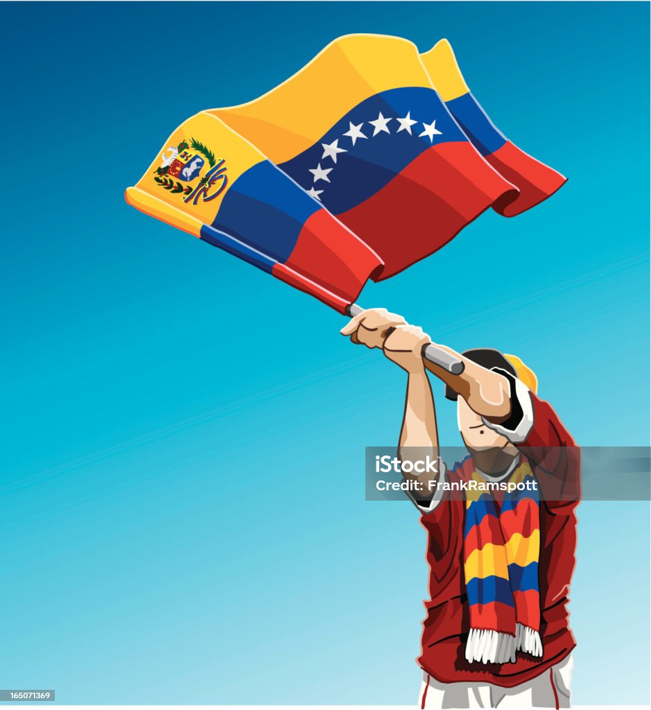 Venezuela Waving Flag Soccer Fan "Vector Illustration of a Venezuelan soccer fan. The background is on a separate layer, so you can use the illustration on your own background. The colors in the .eps and .ai-files are ready for print (CMYK). Included files: EPS (v8), AI (CS2) and Hi-Res JPG." Adult stock vector