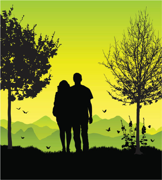 ilustraciones, imágenes clip art, dibujos animados e iconos de stock de pareja en el país - contemplation silhouette tree men