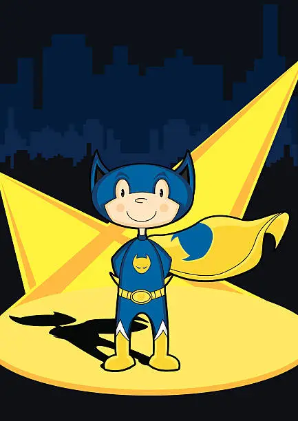 Vector illustration of Cute Catboy Superboy Hero Character in City Scene