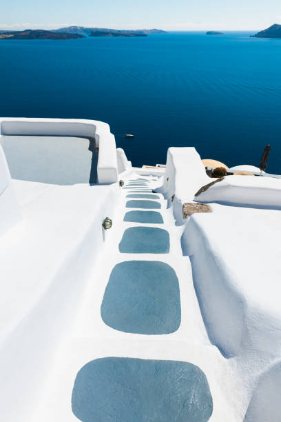 Minimalist composition of a stairwell in Santorini, featuring the iconic pastel hues of the Greek islands.