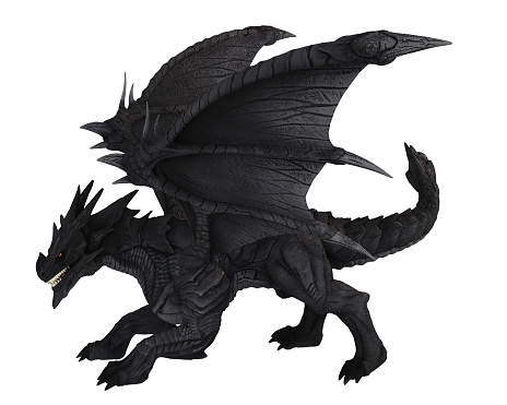 Fantasy illustration of a large black dragon in side view, 3d digitally rendered illustration