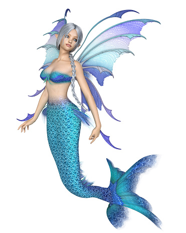 Fantasy illustration of a silver-haired mermaid fairy with bright blue tail and wings, 3d digitally rendered illustration