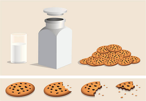 チョコレートチップクッキー、ミルク、��瓶入り、食事 - cookie missing bite crumb eaten点のイラスト素材／クリップアート素材／マンガ素材／アイコン素材