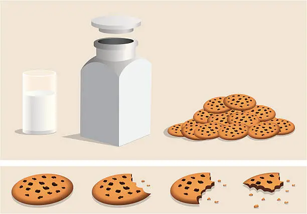 Vector illustration of Chocolate chip cookies, milk, jar, eating