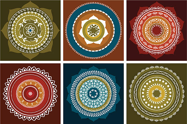 Arrangement of six colorful mandala illustrations vector art illustration