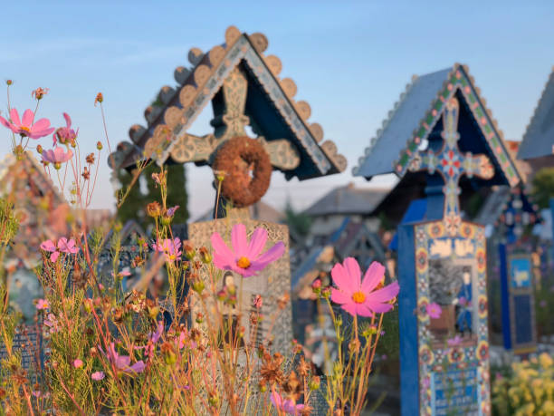 Merry Cemetery one of landmarks of Romania, in Maramuresh stock photo