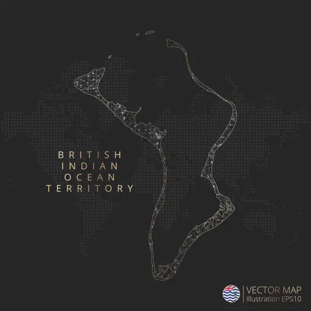 Vector illustration of British Indian Ocean Territory map abstract geometric mesh polygonal light concept with glowing contour lines countries and dots