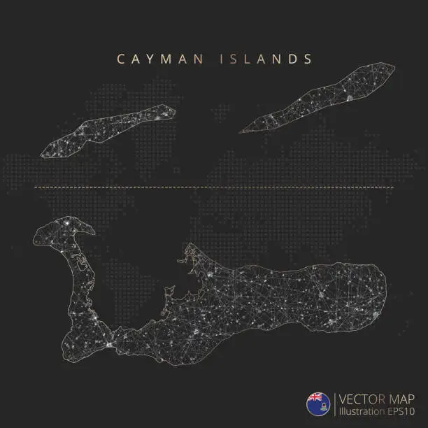 Vector illustration of Cayman Islands map abstract geometric mesh polygonal light concept with glowing contour lines countries and dots