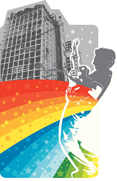 spielt gitarre in städtische szene - silhouette singer singing group of objects stock-grafiken, -clipart, -cartoons und -symbole