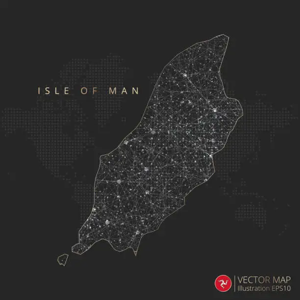 Vector illustration of Isle of Man map abstract geometric mesh polygonal light concept with glowing contour lines countries and dots