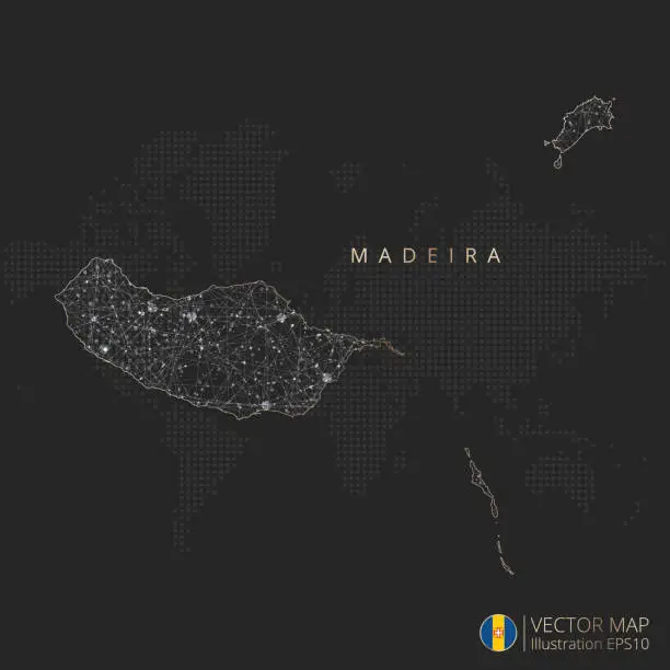 Vector illustration of Madeira map abstract geometric mesh polygonal light concept with glowing contour lines countries and dots