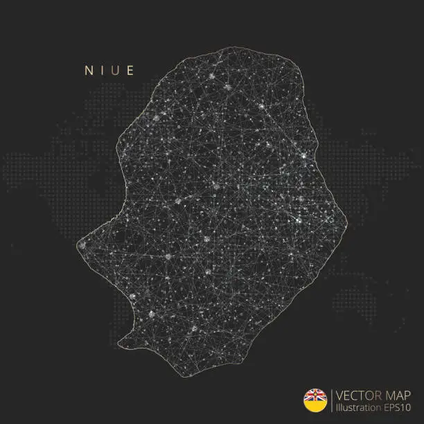 Vector illustration of Niue map abstract geometric mesh polygonal light concept with glowing contour lines countries and dots